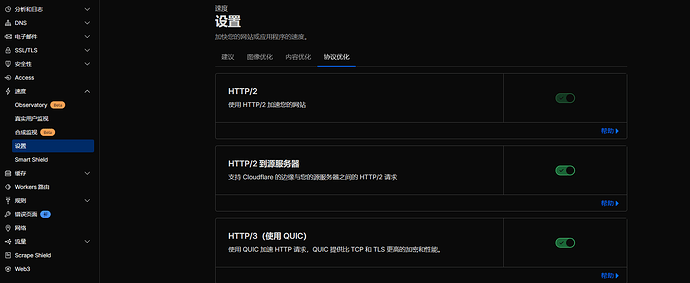 <kbd>速度</kbd>→<kbd>设置</kbd>→<kbd>协议优化</kbd>